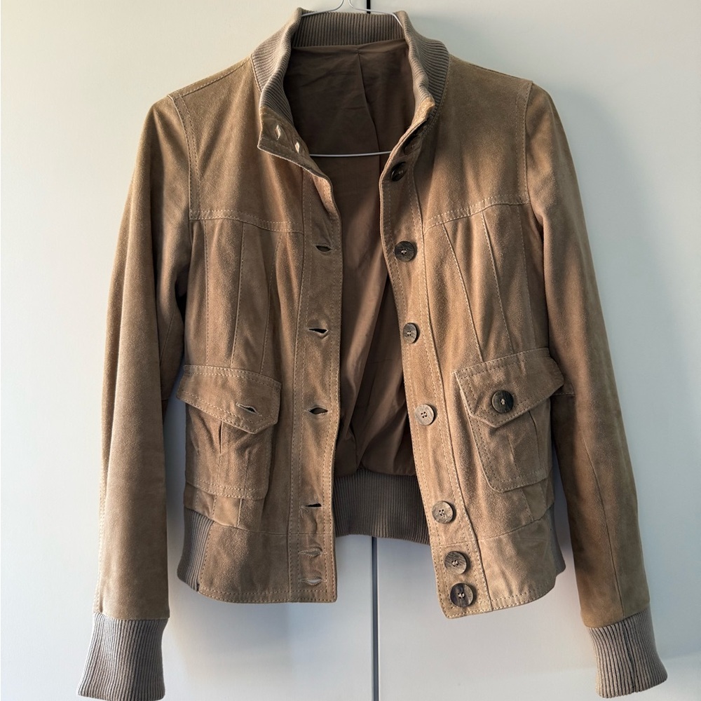 Vintage Tan Suede Leather Jacket XS/S – Button Front, Ribbed Cuffs & Hem